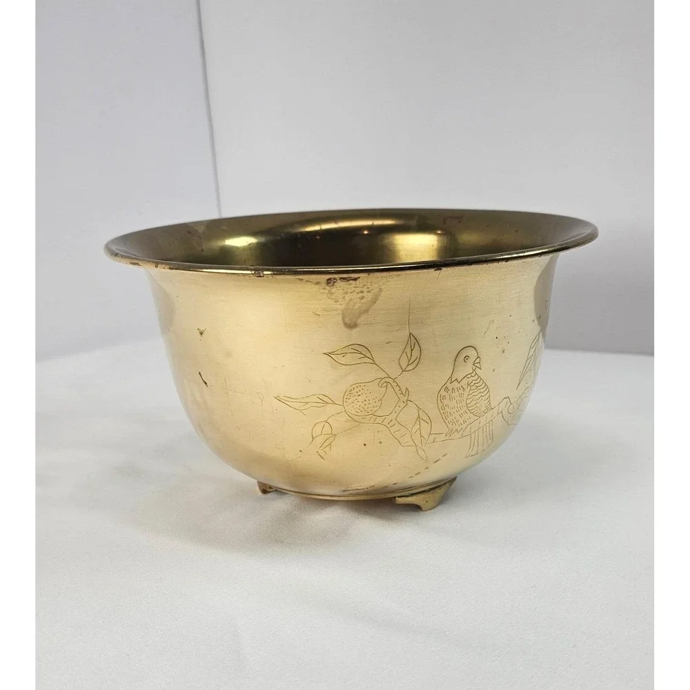 Vintage Brass Bowl Etched Bird Fruit Footed Planter Cachepot Hong Kong 7in Decor